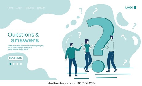 Questions and answers.Businessmen search for answers and solve problems next to a big question mark.support service, online consultations, reference agency.Flat vector illustration.