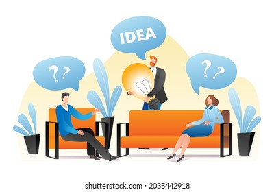 Preguntas y concepto de idea de negocio, ilustración vectorial. Caracter de hombre mujer tiene comunicación, trabajador sostiene lámpara grande