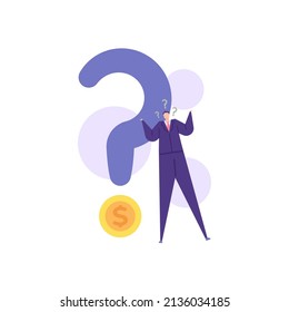 questions and business. business solutions and assistance. a businessman is confused and needs answers, suggestions, ideas. FAQ or Frequently Asked Questions. flat cartoon illustration. concept design