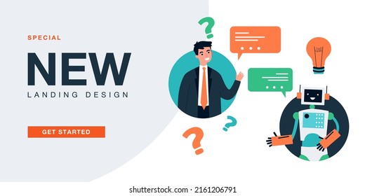 Questions of businessman to robot secretary. Man learning from AI how to problem solving flat vector illustration. Business automation, support concept for banner, website design or landing web page