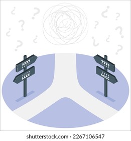 Questions and clear strategy for solutions in business leadership with a straight path to success choosing the right strategic plan with yellow traffic signs cutting through a maze of highways.