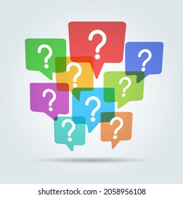 La comunidad de preguntas. Grupo de signos de interrogación, faq preguntó iconos de la congestión aislados en fondo blanco, respuesta al fondo del desafío, discusiones chat chat comunicación vectorial fondo