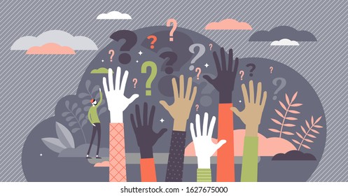 Questions concept, flat tiny person vector illustration with raised auditory hands. Public crowd participants wanting to find out answers. Stylized modern conference scene with question mark symbols.