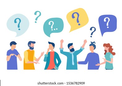 Questions and discussion in search of an answer in the working team of office employees. Problem solving and Brainstorming concept. Vector illustration for banners, social media posters, advertising.