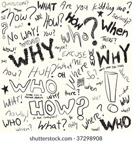 Questions doodled in black ink over white in vector format.