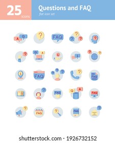 Preguntas y juego de iconos planos de FAQ. Vector e Ilustración.