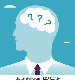 The questions in the human brain. Questions in the head businessmen. Business concept. Vector illustration.