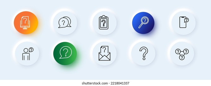 Questions icons set. Unknown document, strange message, billboard, magnifying glass, search, interesting message, unweighted element. question concept.  Vector line icon for business.