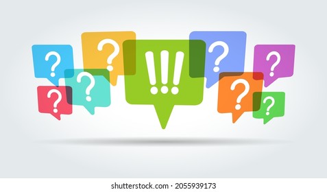 Questions and idea concept. Question answer marks poster design, questionning solution vector graphics, thinking doubts and decision bubbles