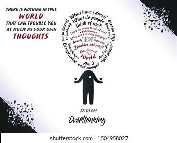 A lot of questions inside a big head of person who overthinks everything. Design isolated on white background with scattered corners. Quote about thoughts. Vector illustration.