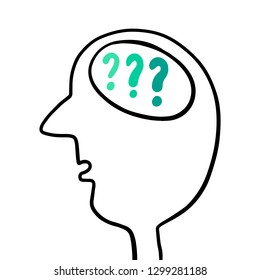 Questions inside head hand drawn illustration cartoon style minimalism