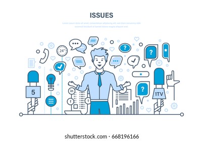 Questions and interviews, issues, communication technology, information exchange. Dialog speech bubbles. Illustration thin line design of vector doodles, infographics elements.