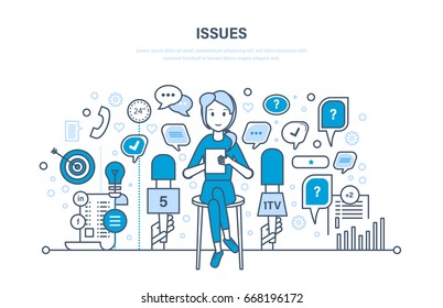 Questions and interviews, issues, communication technology, information exchange. Dialog speech bubbles. Illustration thin line design of vector doodles, infographics elements.