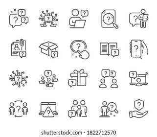 Questions Line Icons. Artificial Intelligence Computer, Phone With Question Mark, Problem Solve. Quiz, Faq Guide, Job Interview Line Icons. Ask Person, Question Bubble, Family Problem. Vector