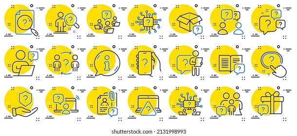 Questions line icons. Artificial Intelligence computer, phone with Question mark, Problem solve. Quiz, faq guide, job interview line icons. Ask person, question bubble, family problem. Vector