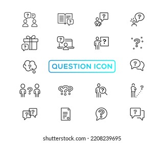 Questions Line Icons. Artificial Intelligence Computer, Phone With Question Mark, Problem Solve. Quiz, Faq Guide, Job Interview Line Icons. Ask Person, Question Bubble, Family Problem. Vector