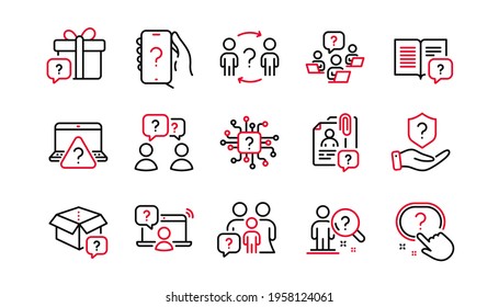 Questions line icons. Problem solve, Artificial Intelligence computer, Phone with Question mark. Quiz, faq guide, job interview line icons. Ask person, question bubble, family problem. Vector