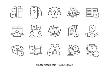 Questions Line Icons. Problem Solve, Artificial Intelligence Computer, Phone With Question Mark. Quiz, Faq Guide, Job Interview Line Icons. Ask Person, Question Bubble, Family Problem. Vector