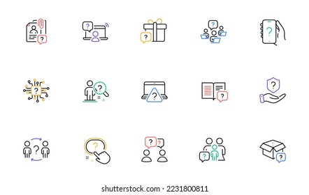 Questions line icons. Problem solve, Artificial Intelligence computer, Phone with Question mark. Quiz, faq guide, job interview line icons. Ask person, question bubble, family problem. Vector