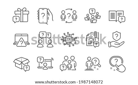 Questions line icons. Problem solve, Artificial Intelligence computer, Phone with Question mark. Quiz, faq guide, job interview line icons. Ask person, question bubble, family problem. Vector