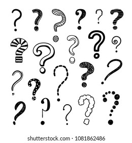 Questions marks hand drawn typographic symbols. Sketch questions signs