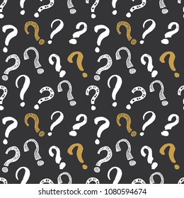 Questions marks seamless pattern. Hand drawn sketched doodle signs, grunge textured retro background. Vintage typography design print, vector illustration.