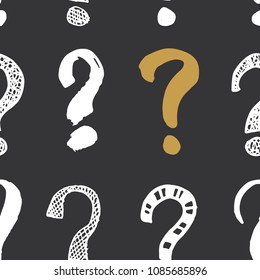 Questions marks seamless pattern. Hand drawn sketched doodle signs, grunge textured retro background. Vintage typography design print, vector illustration.