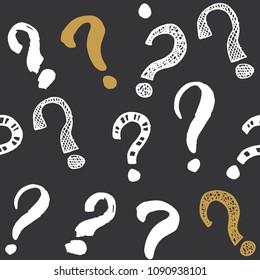 Questions marks seamless pattern. Hand drawn sketched doodle signs, grunge textured retro background. Vintage typography design print, vector illustration.