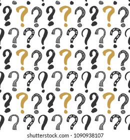 Questions marks seamless pattern. Hand drawn sketched doodle signs, grunge textured retro background. Vintage typography design print, vector illustration.