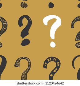 Questions marks seamless pattern. Hand drawn sketched doodle signs, grunge textured retro background. Vintage typography design print, vector illustration.