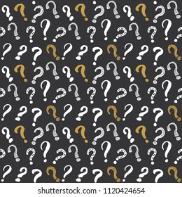 Questions marks seamless pattern. Hand drawn sketched doodle signs, grunge textured retro background. Vintage typography design print, vector illustration.