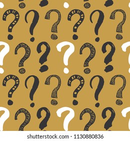 Questions marks seamless pattern. Hand drawn sketched doodle signs, grunge textured retro background. Vintage typography design print, vector illustration.