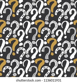 Questions marks seamless pattern. Hand drawn sketched doodle signs, grunge textured retro background. Vintage typography design print, vector illustration.