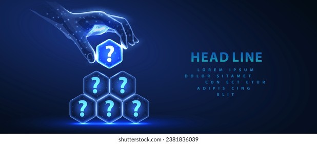 Questions pile. Question mark icons on hexagons make a pyramid and hand holding the top element. Customer FAQ, digital technology, AI integration, service innovation, creative answers, FAQ concept