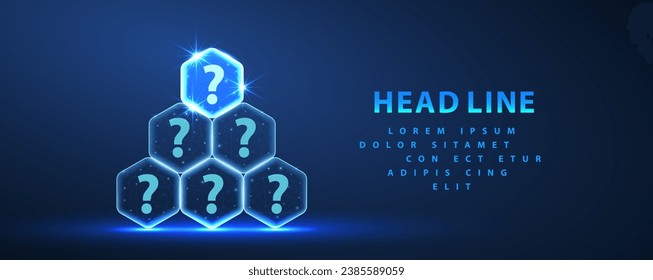 Questions pile. Question mark icons on hexagons make a pyramid. Customer FAQ, digital technology, AI integration, service innovation, creative answers, FAQ concept