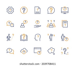 Questions and problem, vector linear colored icons set. Wonder. Contains icons as puzzle, confused man, question mark and more. Isolated collection of question icon for websites.