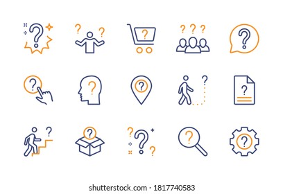 Questions and problems, ask and think, vector color linear icons set. Contains icons how to do, unknown road, difficulty, question mark and more. Isolated symbols collection of questions for web. - Shutterstock ID 1817740583