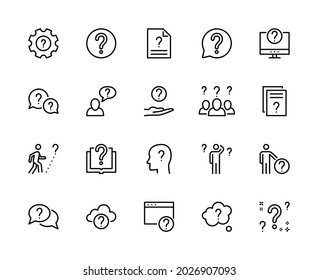 Questions and problems, ask and think, vector linear icons set. Contains icons such as doubt, insecure person, question mark, and more. Collection of questions for websites. Vector symbols set.