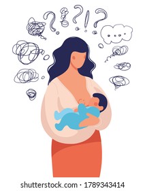 Questions and problems of breastfeeding. A woman with a child in her arms asks herself many questions. Conceptual illustration about postpartum depression, helping a young mother, supporting a family