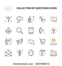 Questions and reason, vector linear colored icons set. Inquiry and problem. Contains icons as confused man,  puzzle, question mark and more. Isolated collection of question icon for websites.