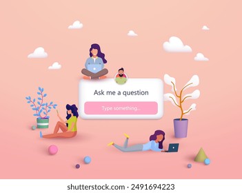 Questions sticker, app, ui. Girls, ask me a questions on social media. Blogging. Marketing. Beautiful banner. Social media concept. Vector illustration