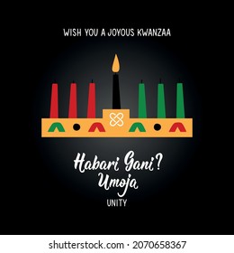 Preguntas en swahili: ¿Cómo estás? Saludos tradicionales durante Kwanzaa. Umoja significa Unidad. Felicitaciones por el primer día de Kwanzaa. Tarjeta de vacaciones afroamericanas.