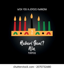 Questions in Swahili: How are you. Traditional greetings during Kwanzaa. Nia means Purpose. Congratulations on the fifth day of Kwanzaa. African American holidays card