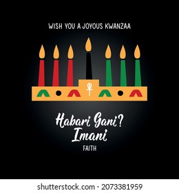 Questions in Swahili: How are you. Traditional greetings during Kwanzaa. Imani means Faith. Congratulations on the seventh day of Kwanzaa. African American holidays card