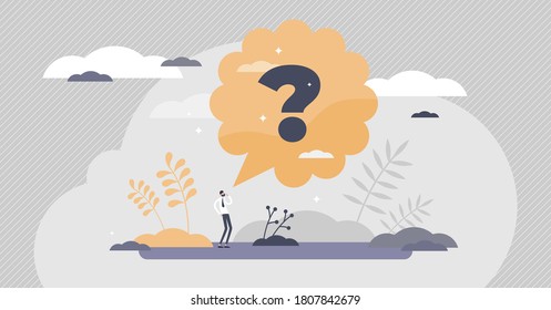 Questions As Symbol In Thoughts Asking For Information Tiny Persons Concept. Big Confusion With Unclear Mind Vector Illustration. FAQ Answers For Knowledge, Curiosity And Doubt. Abstract Help Needed.