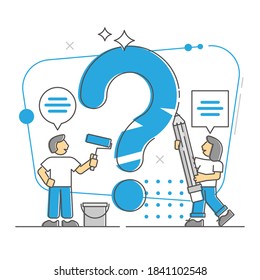 Questions or unknown information confusion doubt monocolor outline concept. Knowledge symbol as assistance and answers for asked info vector illustration. Why and how clarity and solution scene.