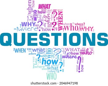 Questions - who, where, when, why etc. vector illustration word cloud isolated on white background.