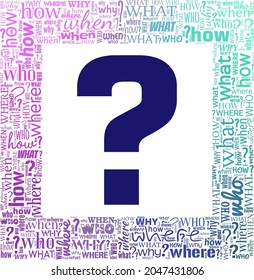 Questions - who, where, when, why etc. vector illustration word cloud isolated on white background.