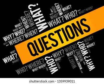 Questions whose answers are considered basic in information gathering or problem solving, word cloud background