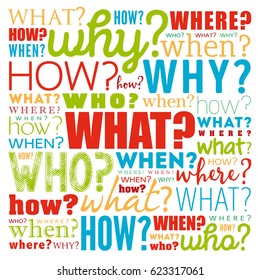 Questions whose answers are considered basic in information gathering or problem solving, word cloud background